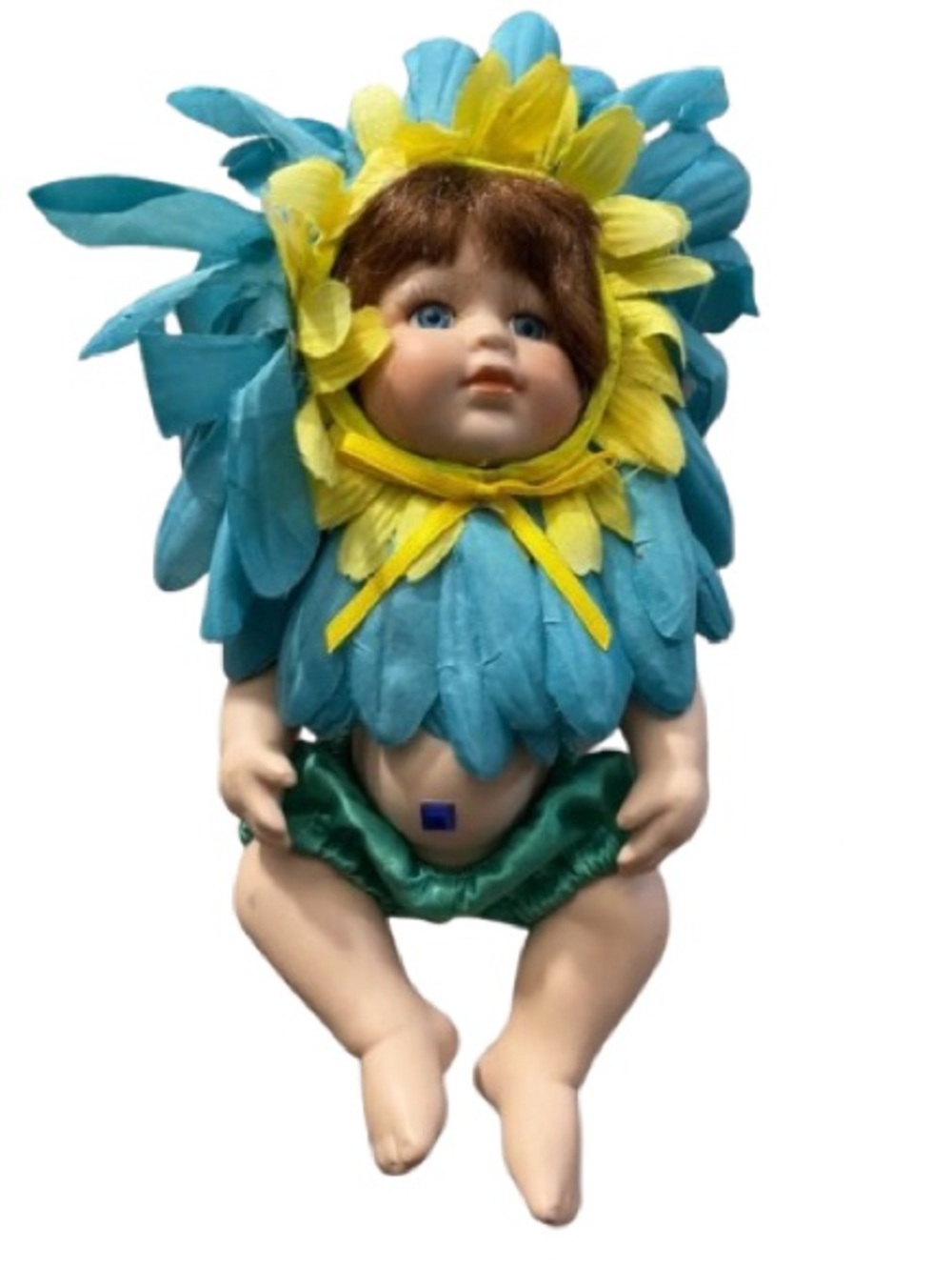 Collectible Porcelain Baby Doll Dressed in a Blue & Yellow Flower Costume - Picture 1 of 10